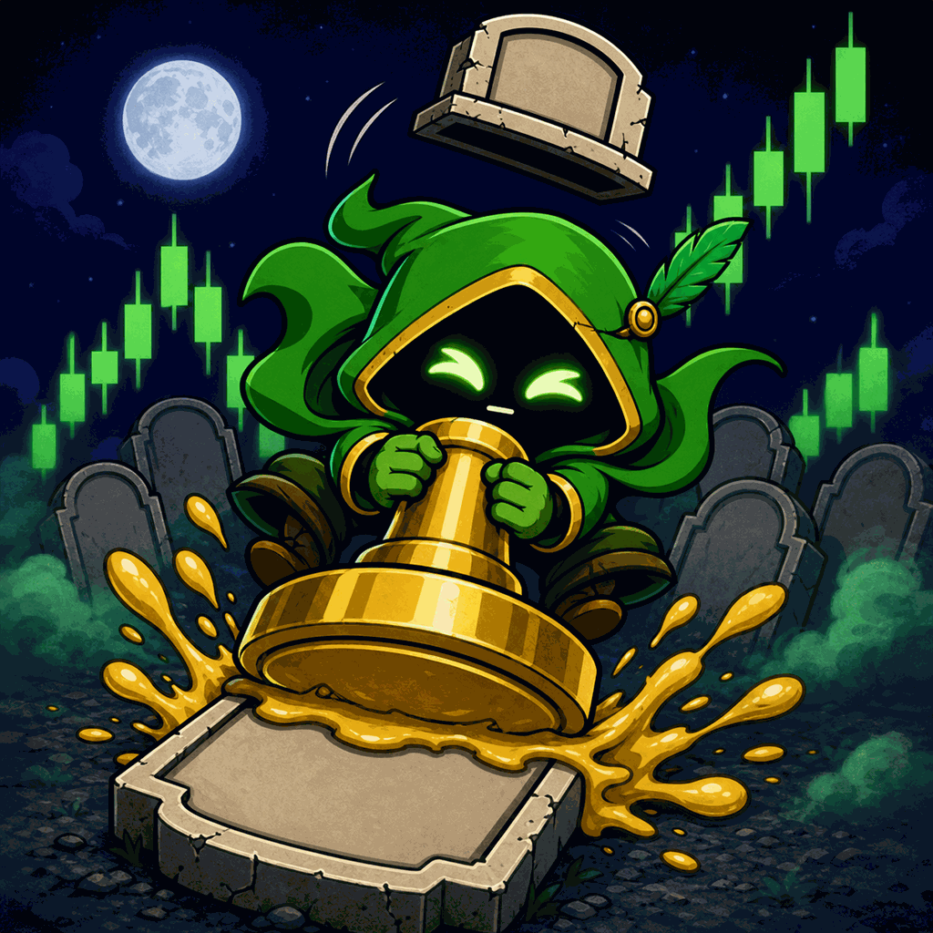 The Keeper riding an oversized gold stamp onto a blank grave marker